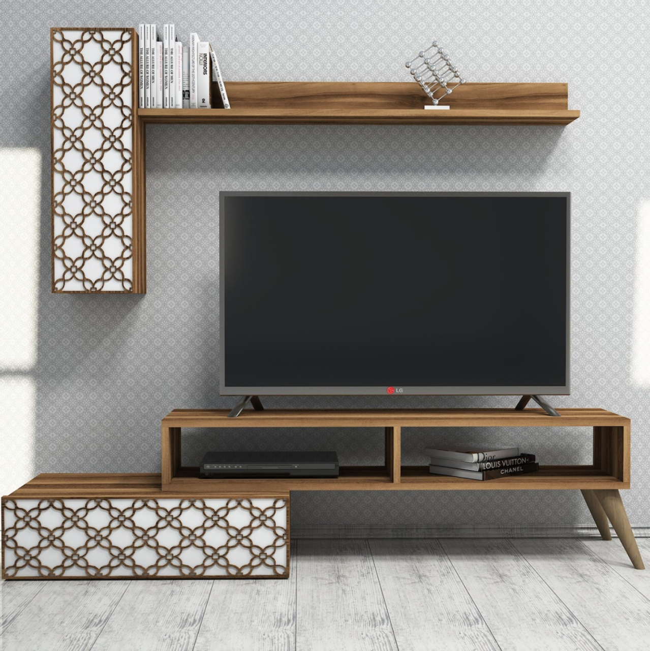 TV FURNITURE SET HM9518.04 MELAMINE IN WALNUT AND WHITE COLOR 150x37.2x37.8Hcm. [5]