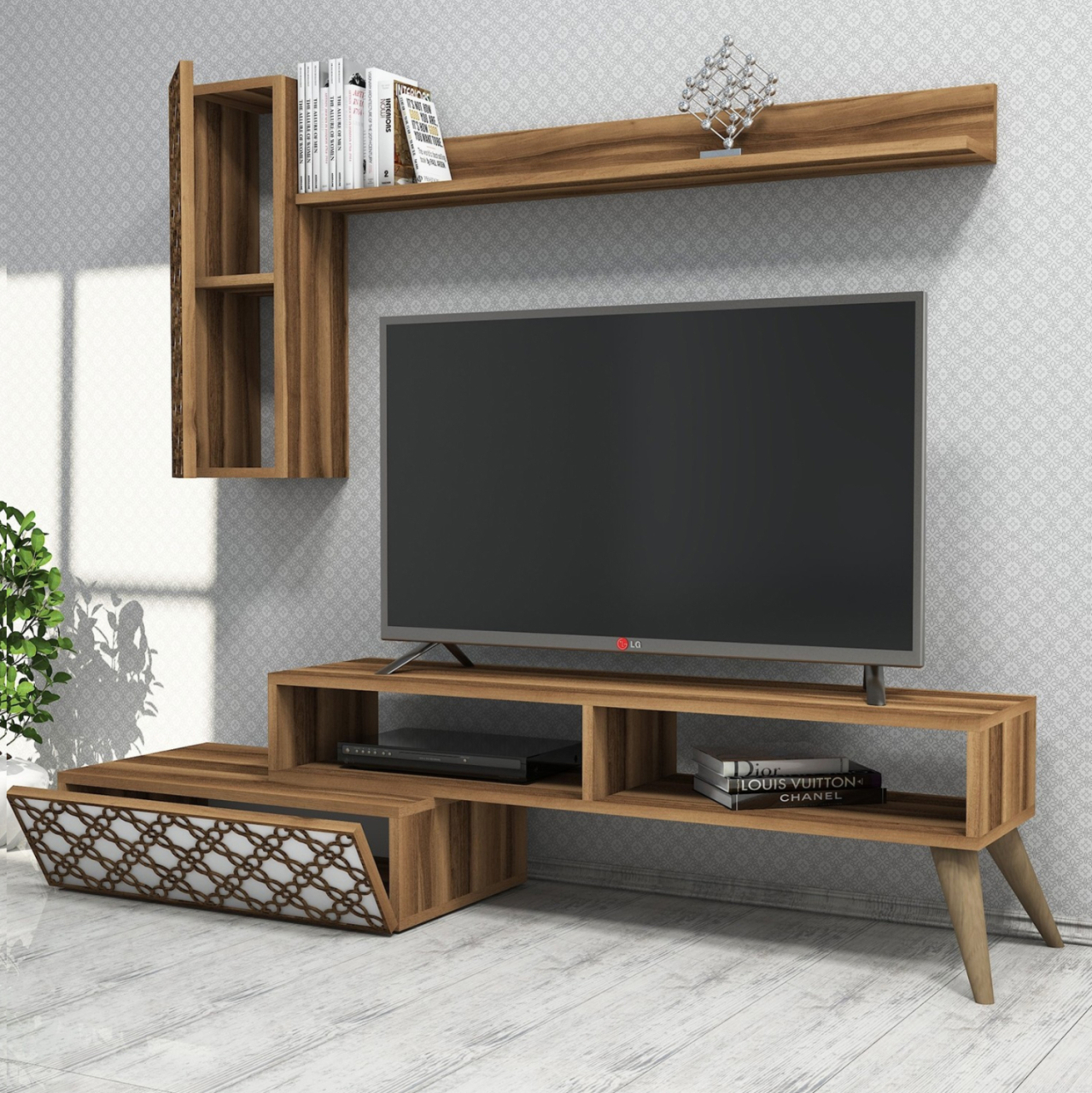 TV FURNITURE SET HM9518.04 MELAMINE IN WALNUT AND WHITE COLOR 150x37.2x37.8Hcm. [4]