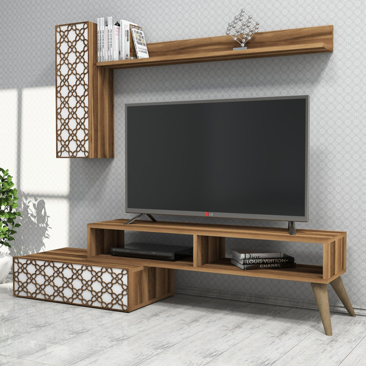TV FURNITURE SET HM9518.04 MELAMINE IN WALNUT AND WHITE COLOR 150x37.2x37.8Hcm. [3]