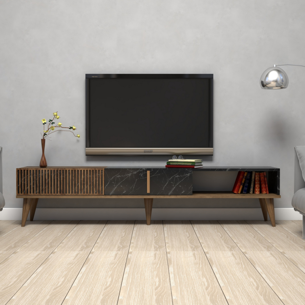 TV STAND HM9512.02 MELAMINE WALNUT AND BLACK MARBLE-LOOK 180x35x40Hcm. [4]