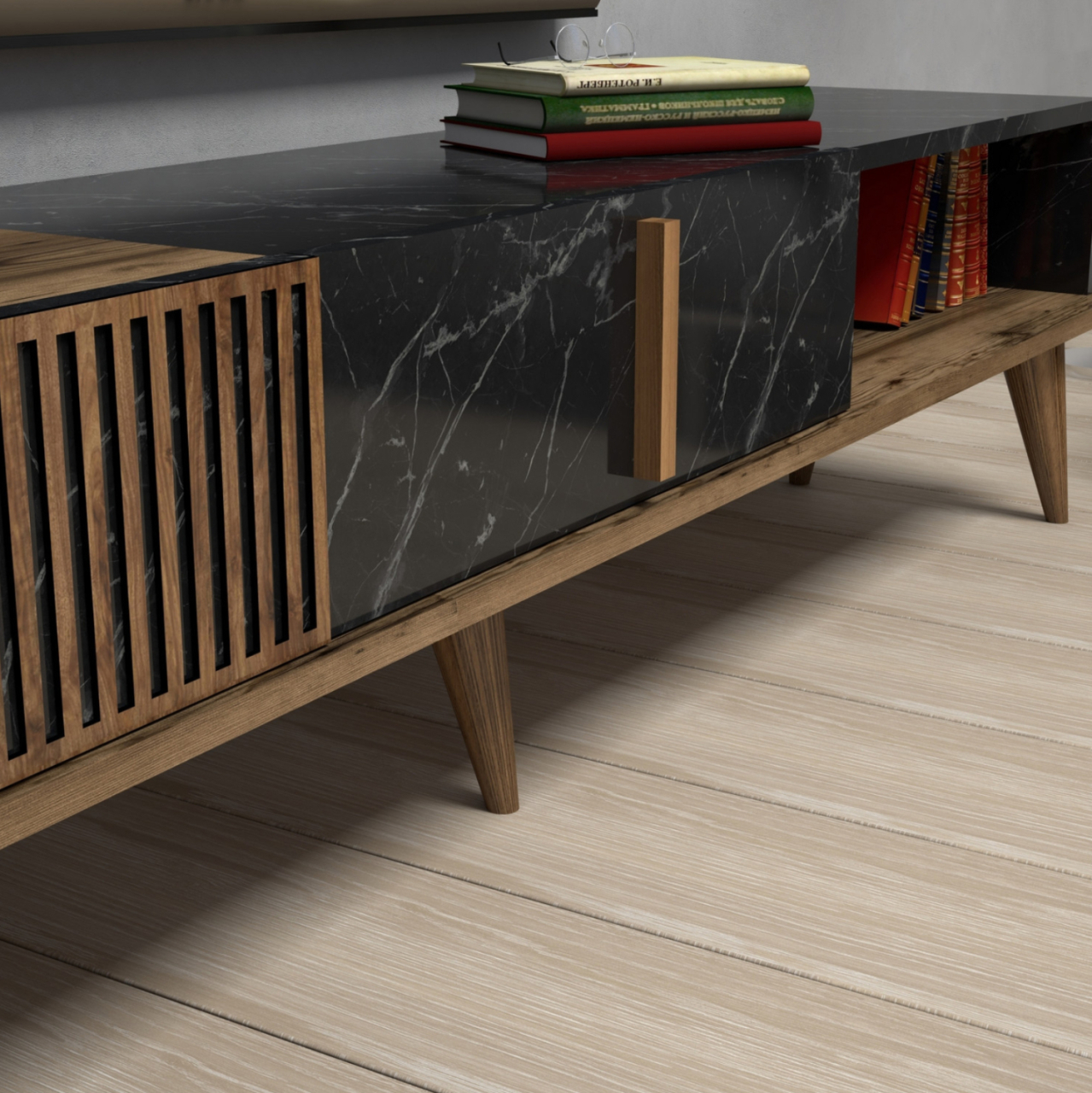 TV STAND HM9512.02 MELAMINE WALNUT AND BLACK MARBLE-LOOK 180x35x40Hcm. [6]