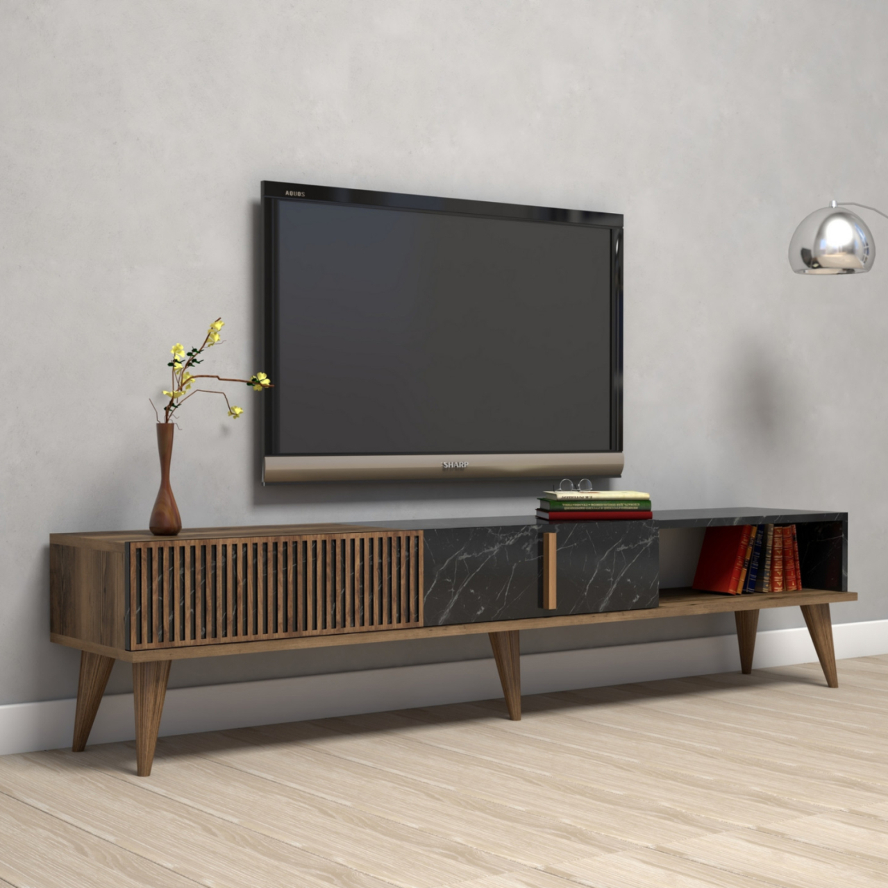 TV STAND HM9512.02 MELAMINE WALNUT AND BLACK MARBLE-LOOK 180x35x40Hcm. [3]
