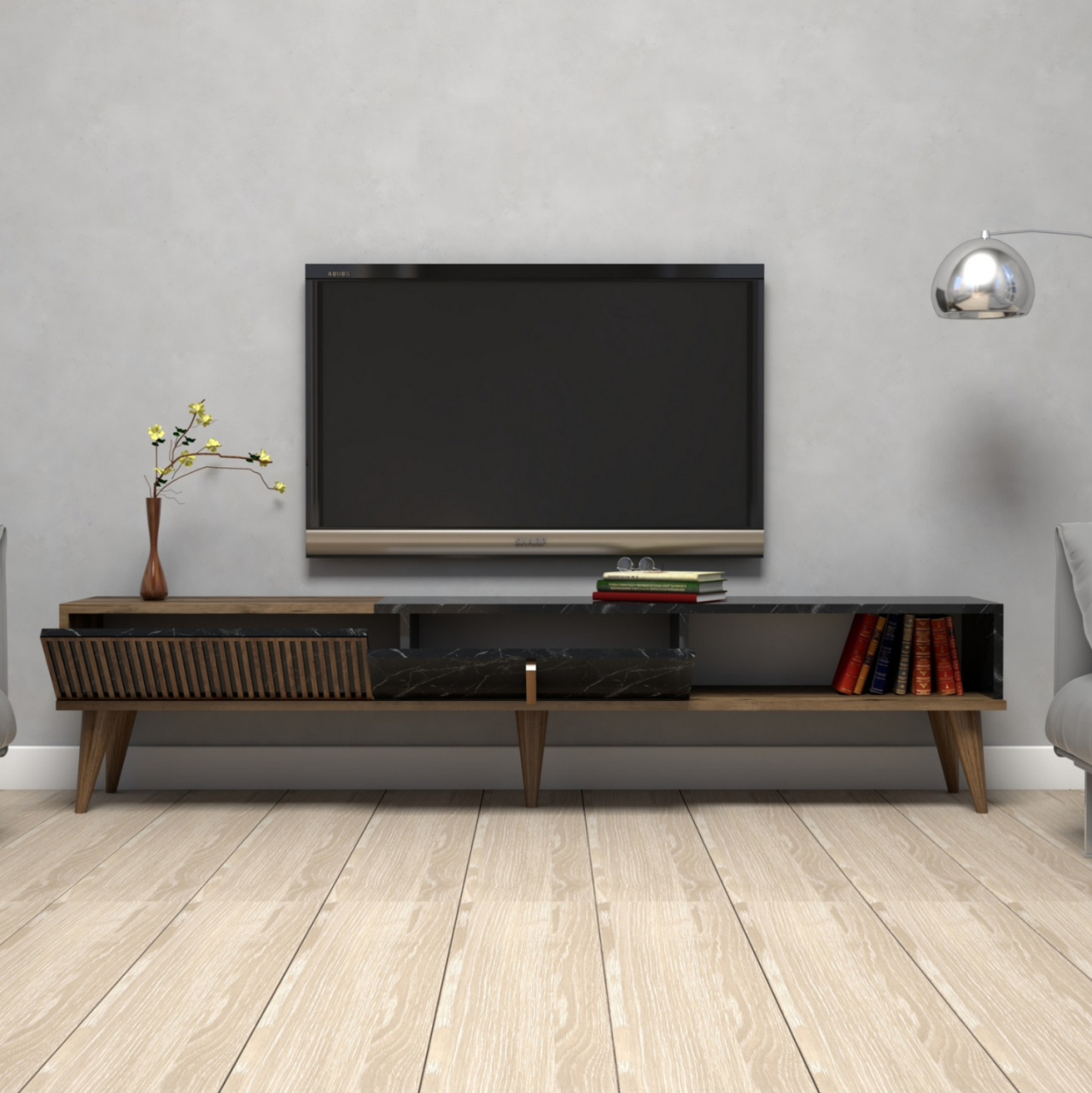 TV STAND HM9512.02 MELAMINE WALNUT AND BLACK MARBLE-LOOK 180x35x40Hcm. [5]