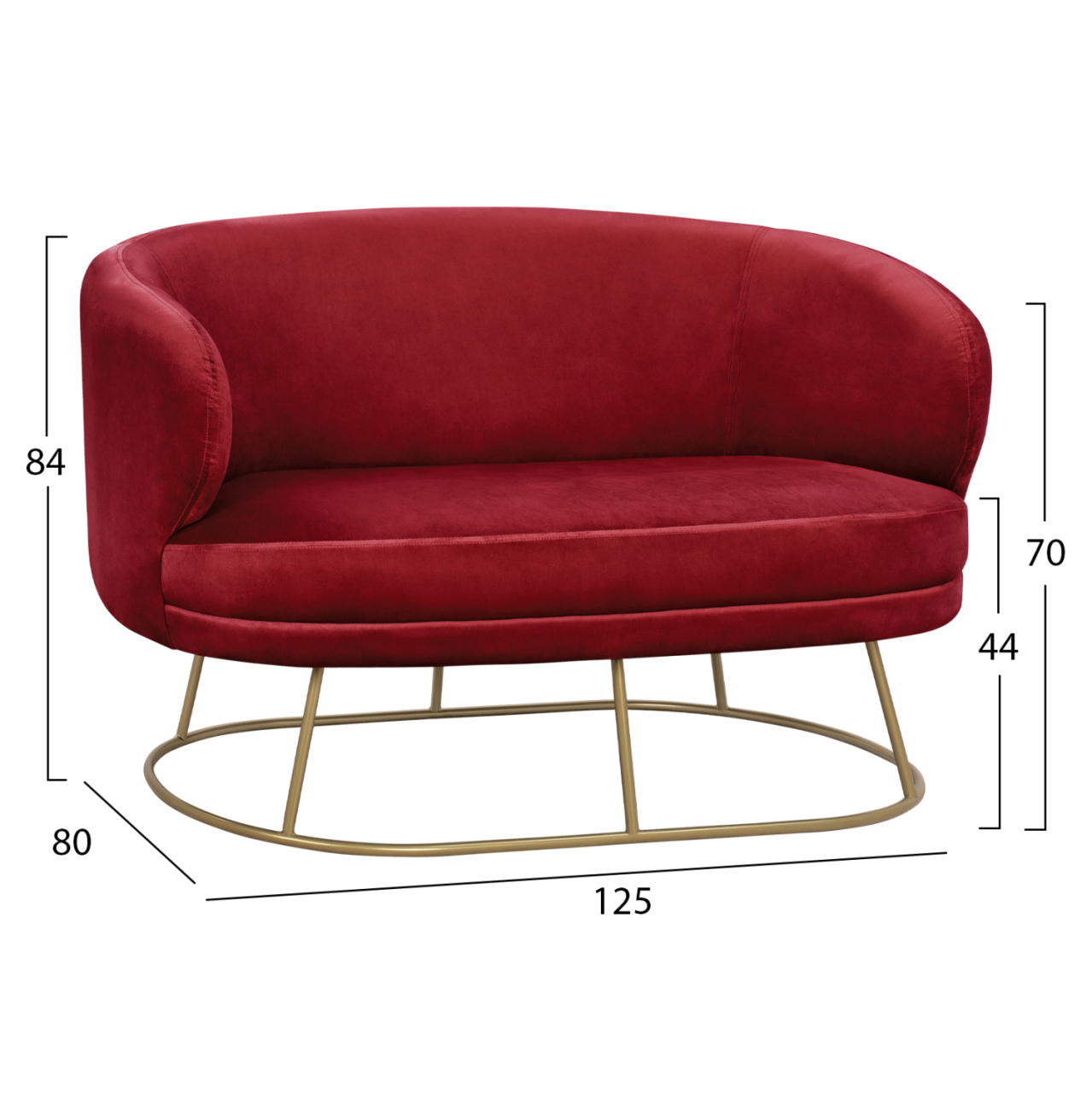 Velvet sofa 2 seater Arien HM8492.06 in red color with gold base 125x80x84 cm [2]