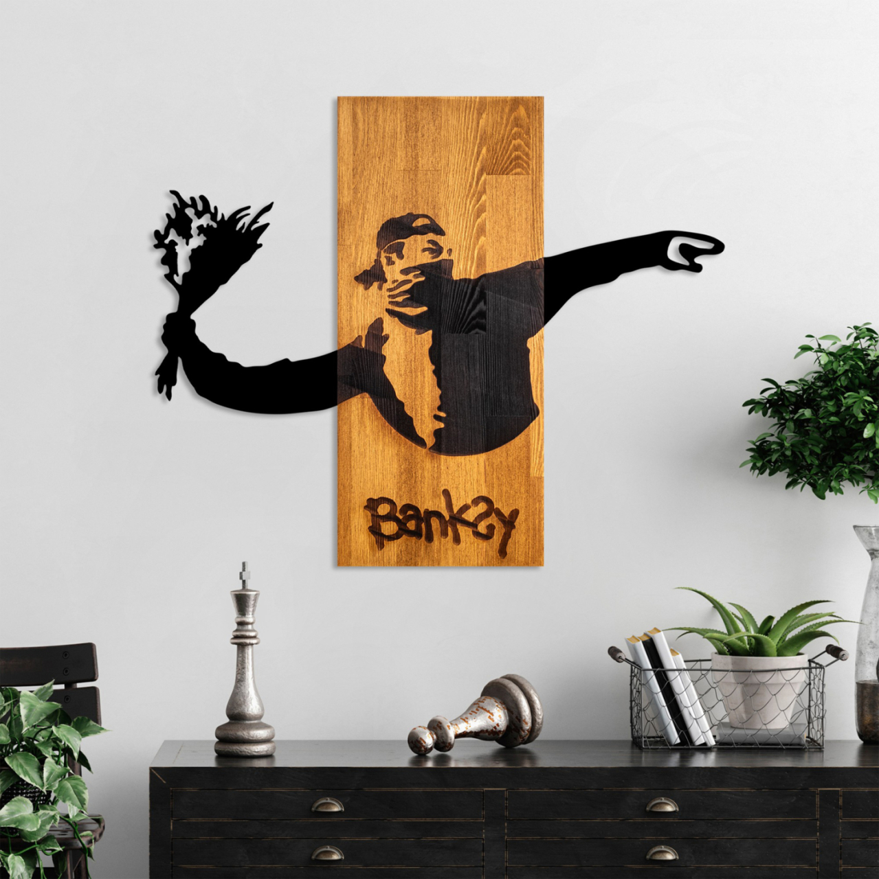 WALL DECORATION BANKSY HM4757-METAL IN BLACK-WOOD 69x3(thickness)x58Hcm. [2]