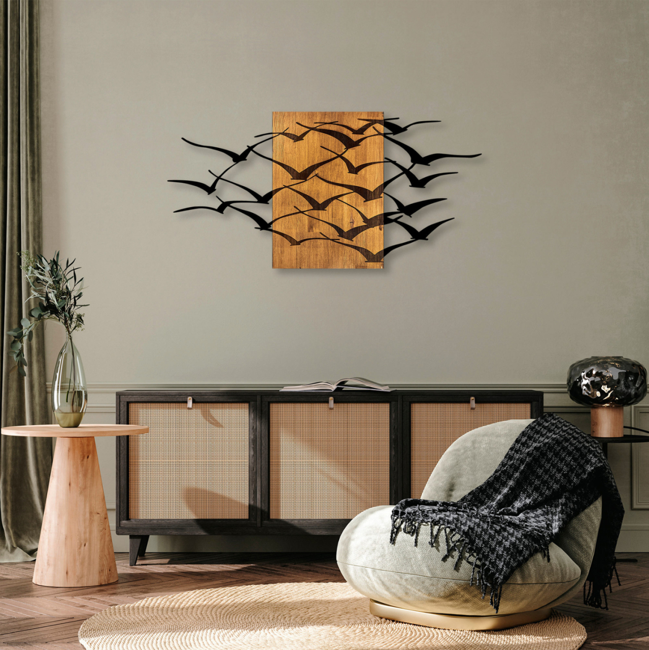 WALL DECORATION LARGE BIRDS HM4749-METAL IN BLACK-WOOD 140x3(thickness)x70Hcm. [2]