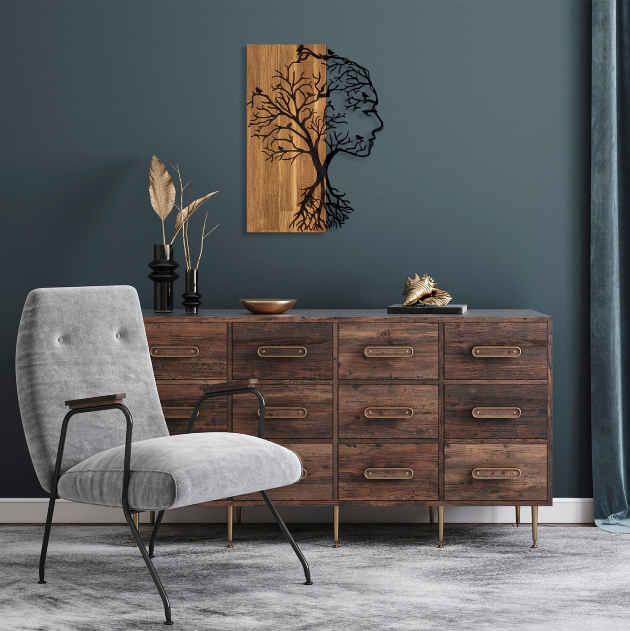 WALL DECORATION WOMAN FIGURE HM4754-METAL IN BLACK-WOOD 43x3(thickness)x58Hcm. [2]