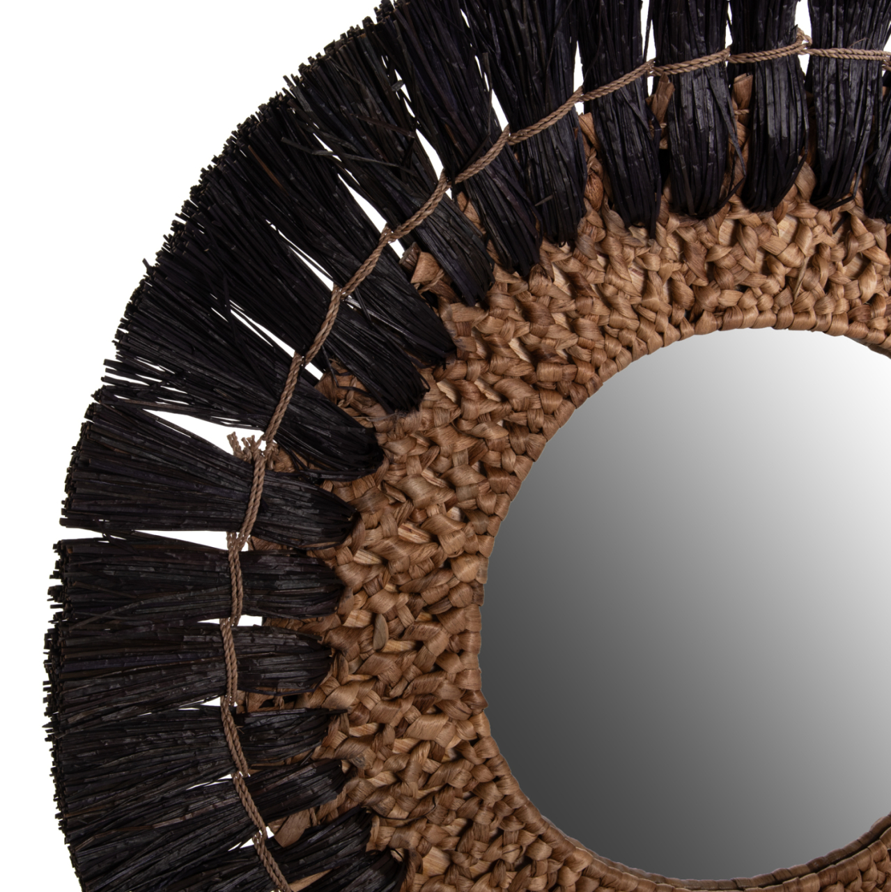 WALL MIRROR ROUND HM7832 MENDONG GRASS FRAME IN BLACKandNATURAL COLOR Φ70cm. [3]