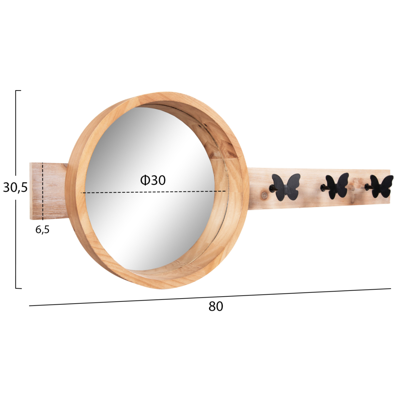 WALL MIRROR ROUND SCUTTLE HM4222 FIR WOOD and MDF-BLACK METAL 80x6,5x30,5Hcm. [2]