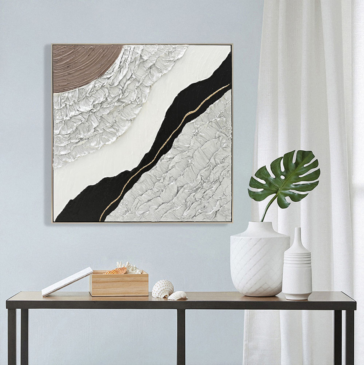 WALL PAINTING ABSTRACT (SQUARE) HM4553.01 BEIGE PS FRAME-CANVAS-HANDMADE 82x4.5x82Hcm. [3]