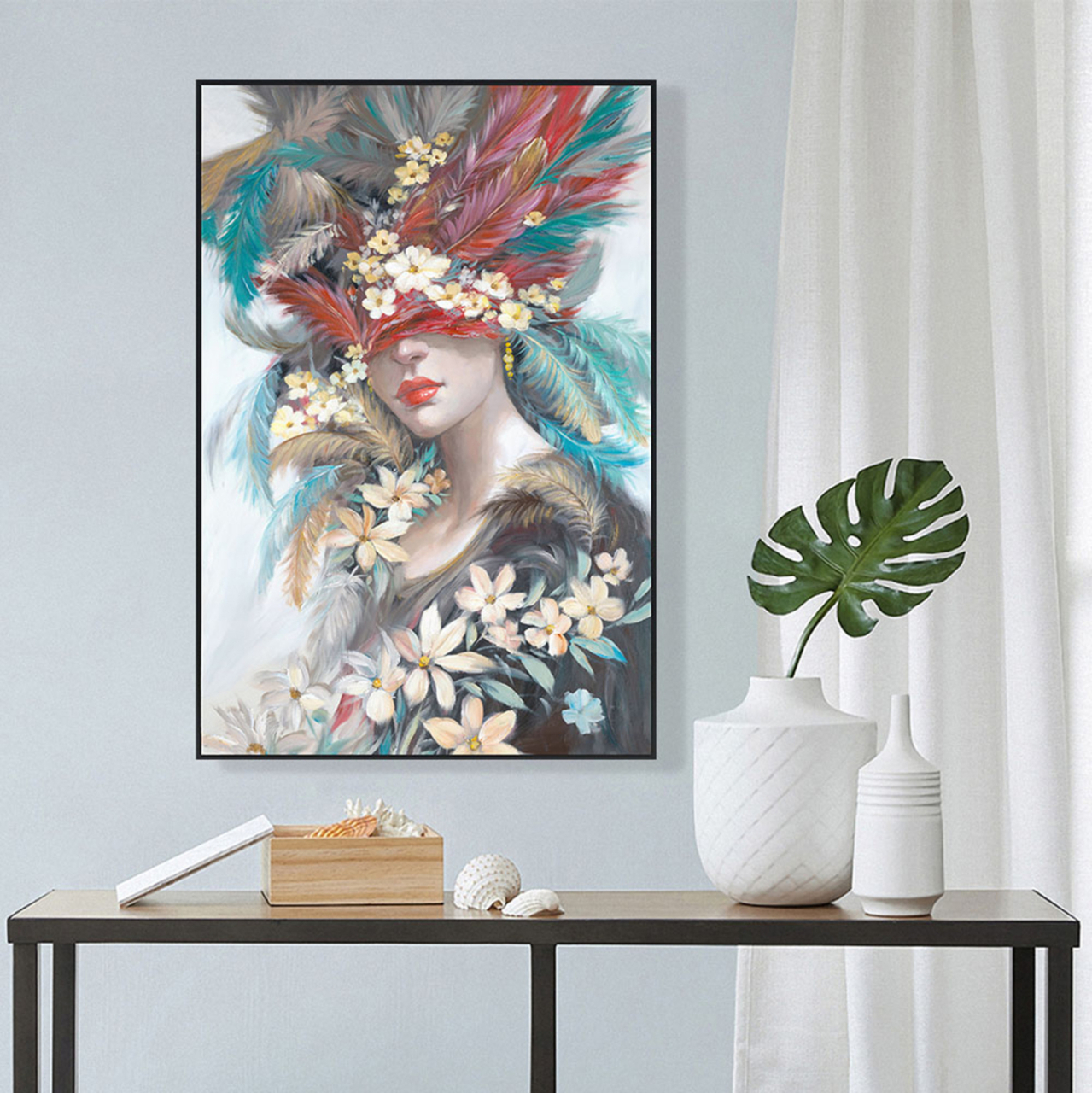 WALL PAINTING ONNANOKO HM4564 BLACK PS FRAME-PRINTED CANVAS WOMAN'S FACE WITH FEATHERS 82x4,5x122Hcm. [3]