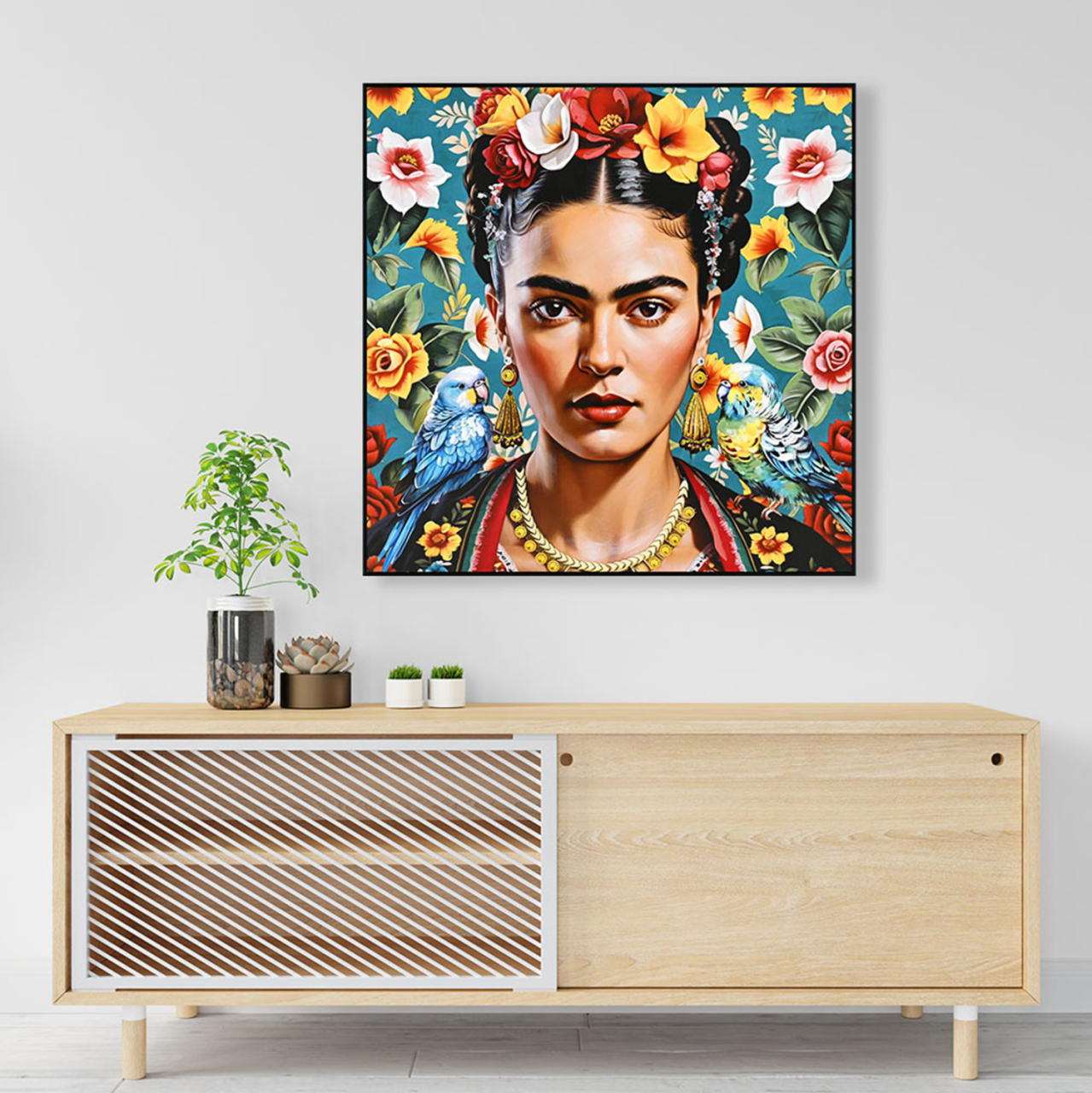 WALL PAINTING PARROTS HM4567 BLACK PS FRAME-PRINTED CANVAS WOMAN FACE and PARROTS 82x4,5x82Hcm. [3]