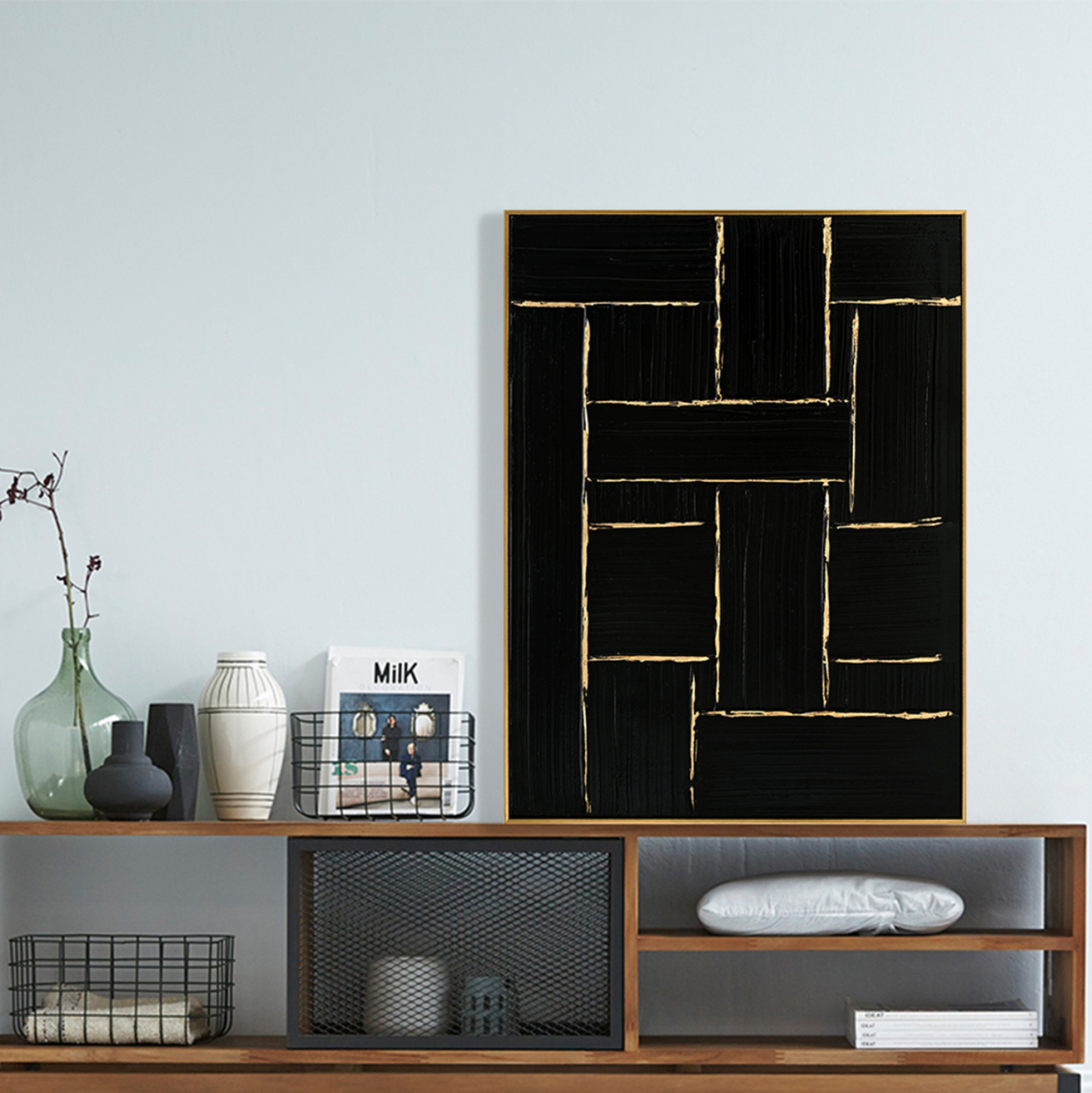 WALL PAINTING STELLON HM4550 BEIGE PS FRAME-BLACK CANVAS-HANDMADE 62x4,5x82Hcm. [3]