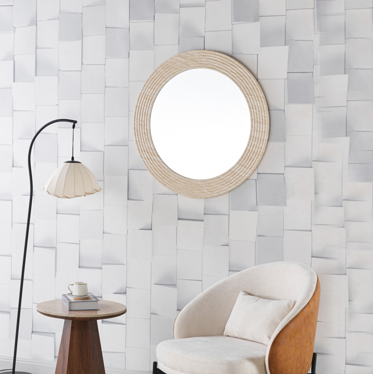 WALL ROUND MIRROR FONTE HM4880 MDF WITH PVC FRAME IN TRAVERTINE COLOR SCHEME Φ80cm [2]