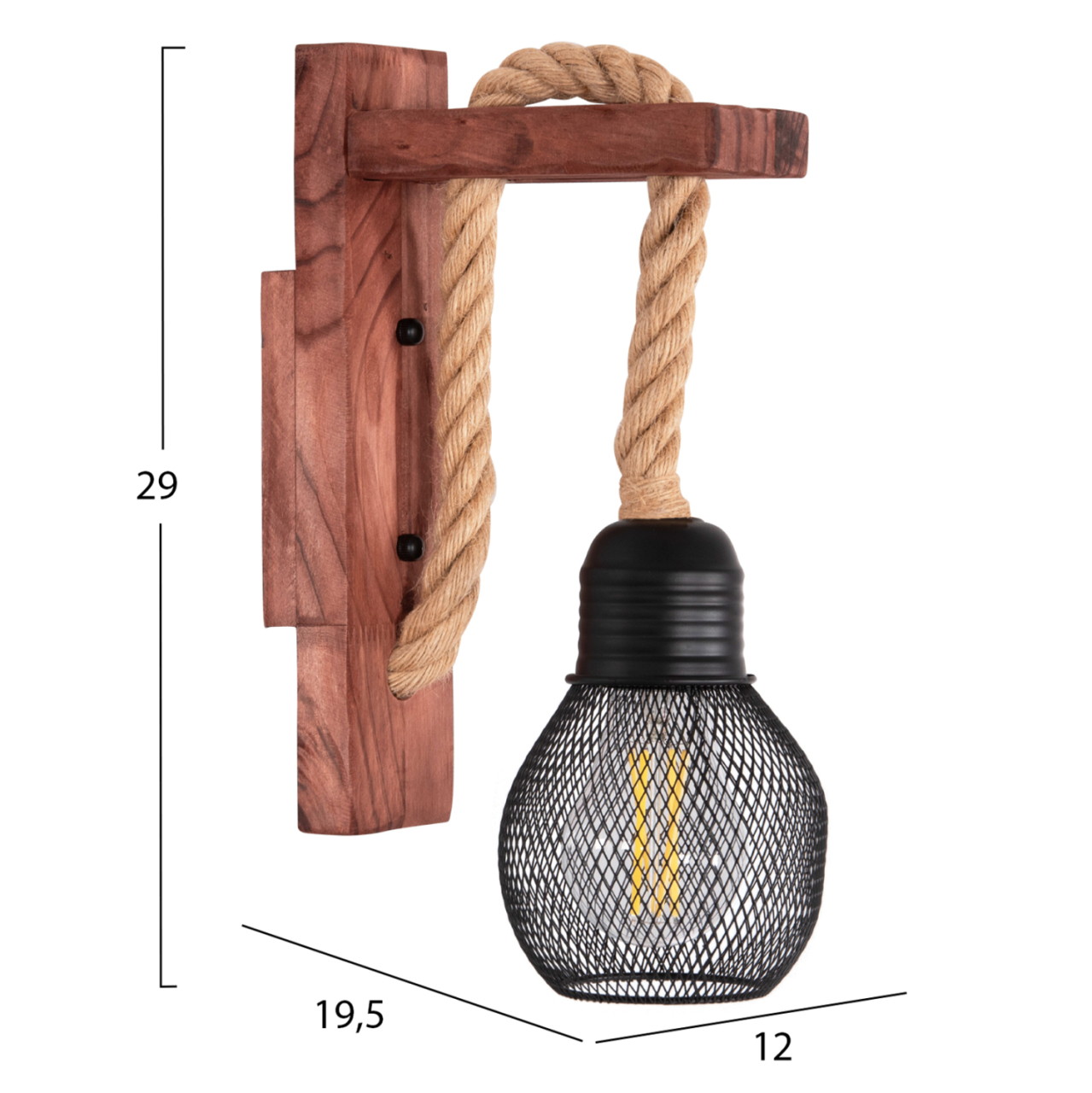 WALL SCONCE BARN2 HM4480 WOODEN BASE-HEMP ROPE-METAL 12x19.5x29Hcm. [2]