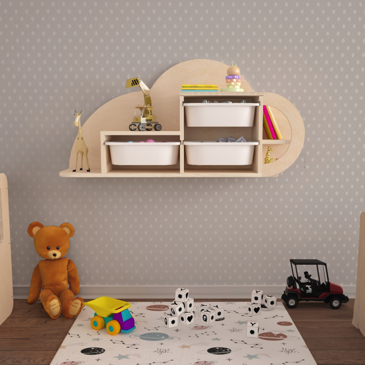 WALL SHELF COBB HM18227.03 BIRCH WOOD IN NATURAL-WHITE P.E. DRAWERS 98x22,5x48,5Hcm. [3]