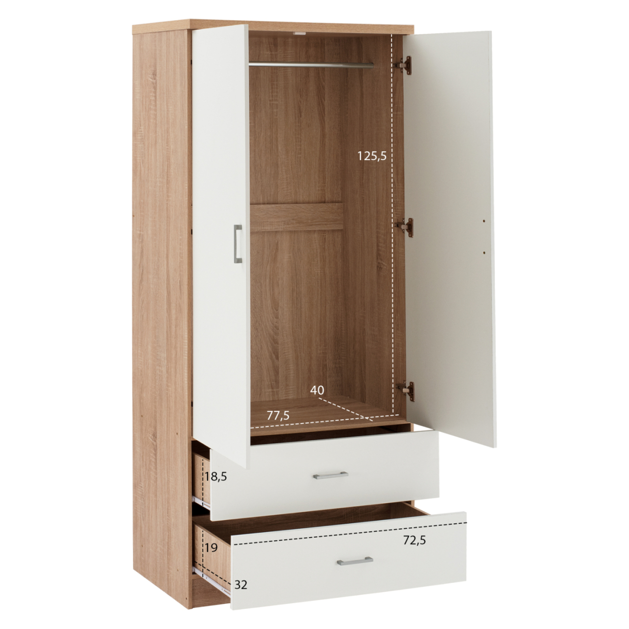 WARDROBE 2 DOORS WITH 2 DRAWERS HM338.06 SONAMA-WHITE 80Χ42,5Χ180,5Υ cm. [3]