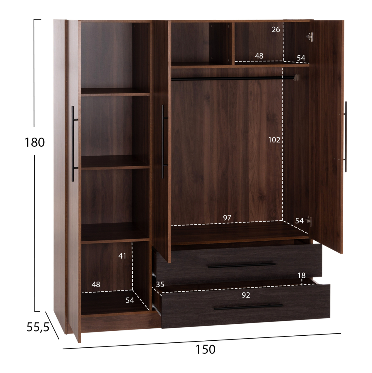 WARDROBE 3-LEAF WITH 2 DRAWERS CARYS HM746.11 MELAMINE IN WALNUT/ZEBRANO 150x55.5x180Hcm [2]