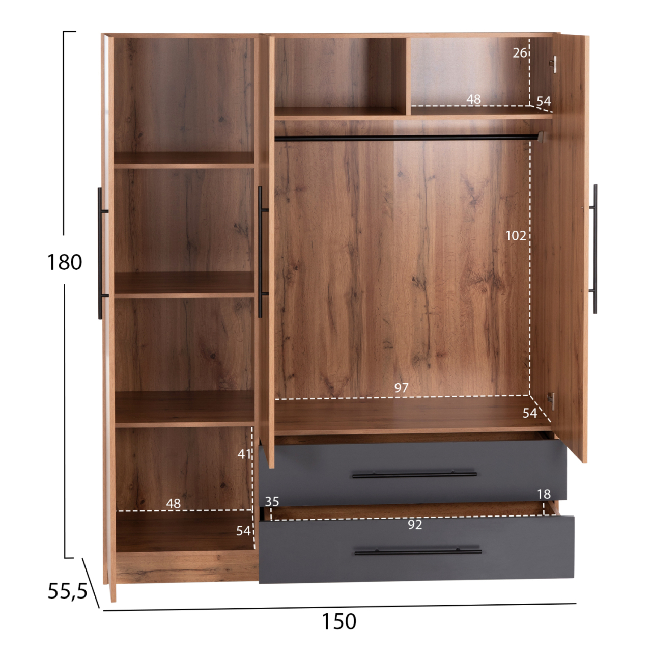 WARDROBE 3-LEAF WITH 2 DRAWERS CARYS HM746.12 MELAMINE IN NATURAL/GREY 150x55.5x160Hcm [2]