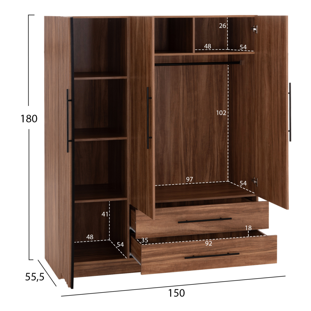 WARDROBE 3-LEAF WITH 2 DRAWERS HARRY HM18390.01 MELAMINE IN NATURAL WOOD and BLACK 150x55x180Hcm [2]