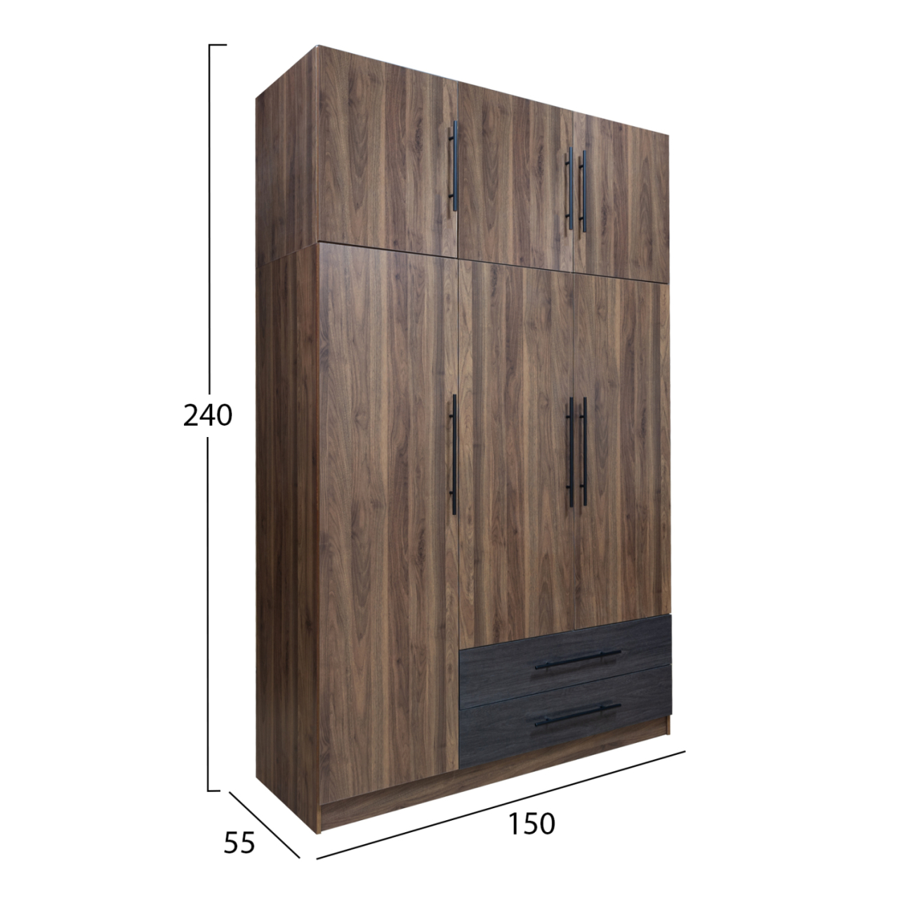 WARDROBE 3-LEAF WITH UPPER CABINET (LOFT) CARYS HM10887.11 MELAMINE IN WALNUT/ZEBRANO 150x55.5x240Hcm [2]
