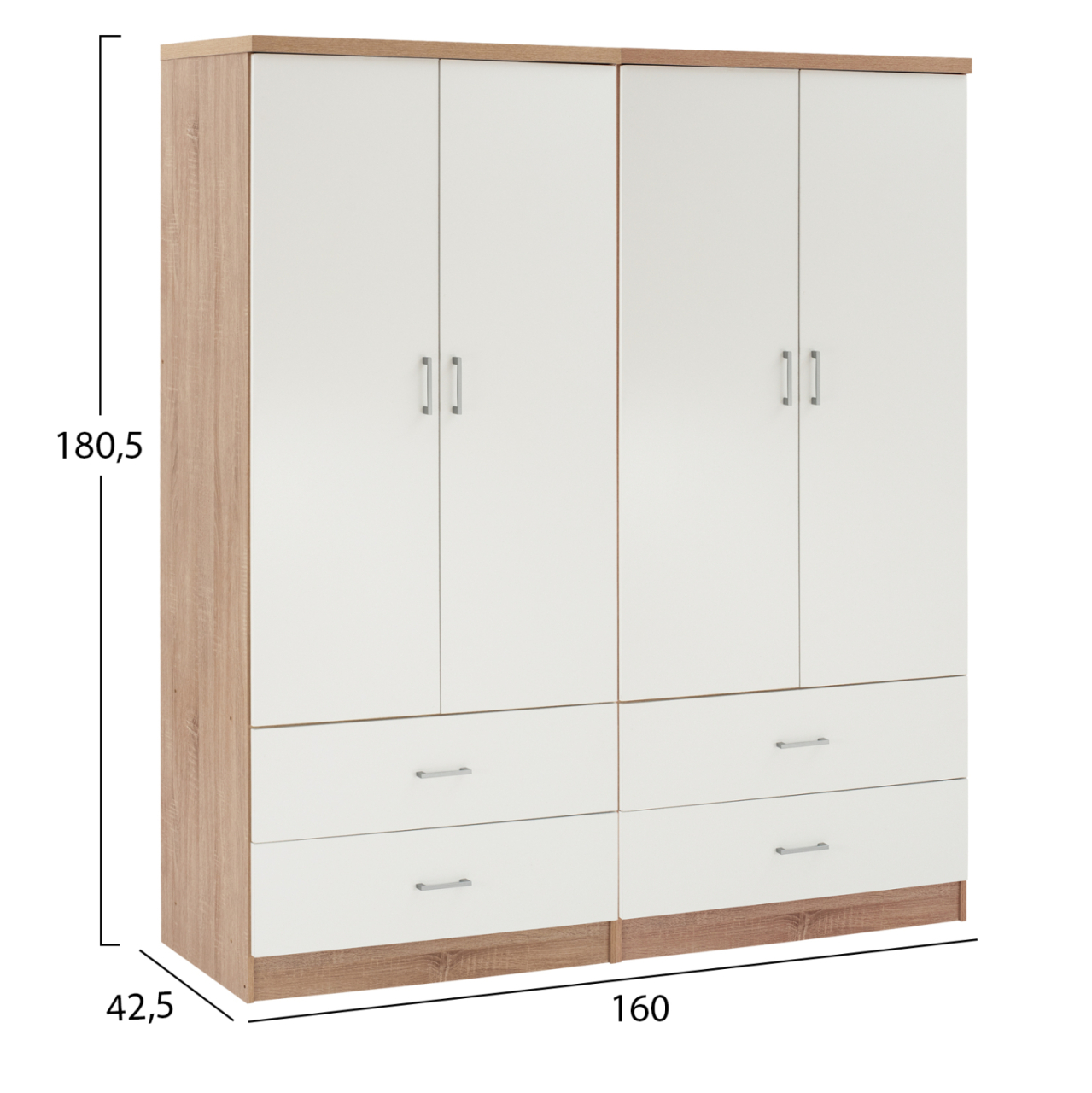 WARDROBE 4-LEAF WITH 4 DRAWERS REINA HM21257 MELAMINE IN WHITE-SONAMA COLOR 160x42.5x180.5Η [2]
