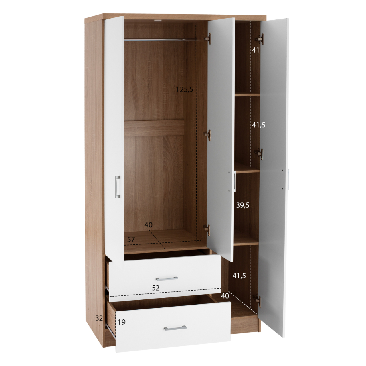 WARDROBE WITH 3 DOORS AND 2 DRAWERS HM340.06 SONAMA-WHITE 89x42,5x181 cm. [3]