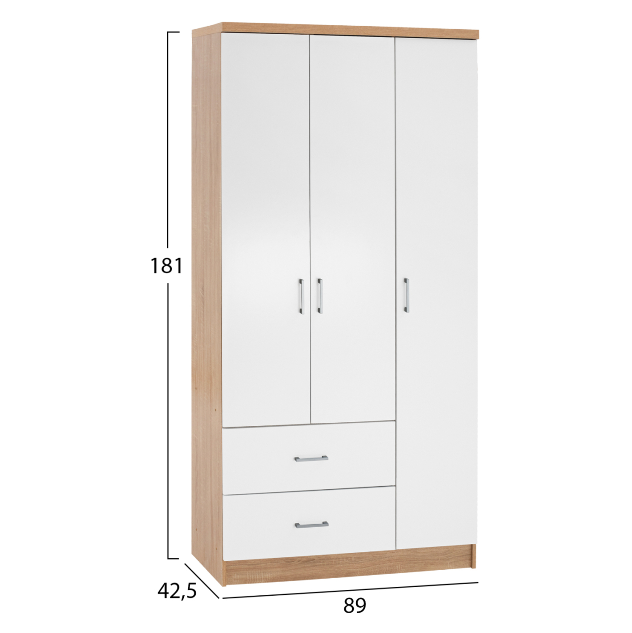 WARDROBE WITH 3 DOORS AND 2 DRAWERS HM340.06 SONAMA-WHITE 89x42,5x181 cm. [2]