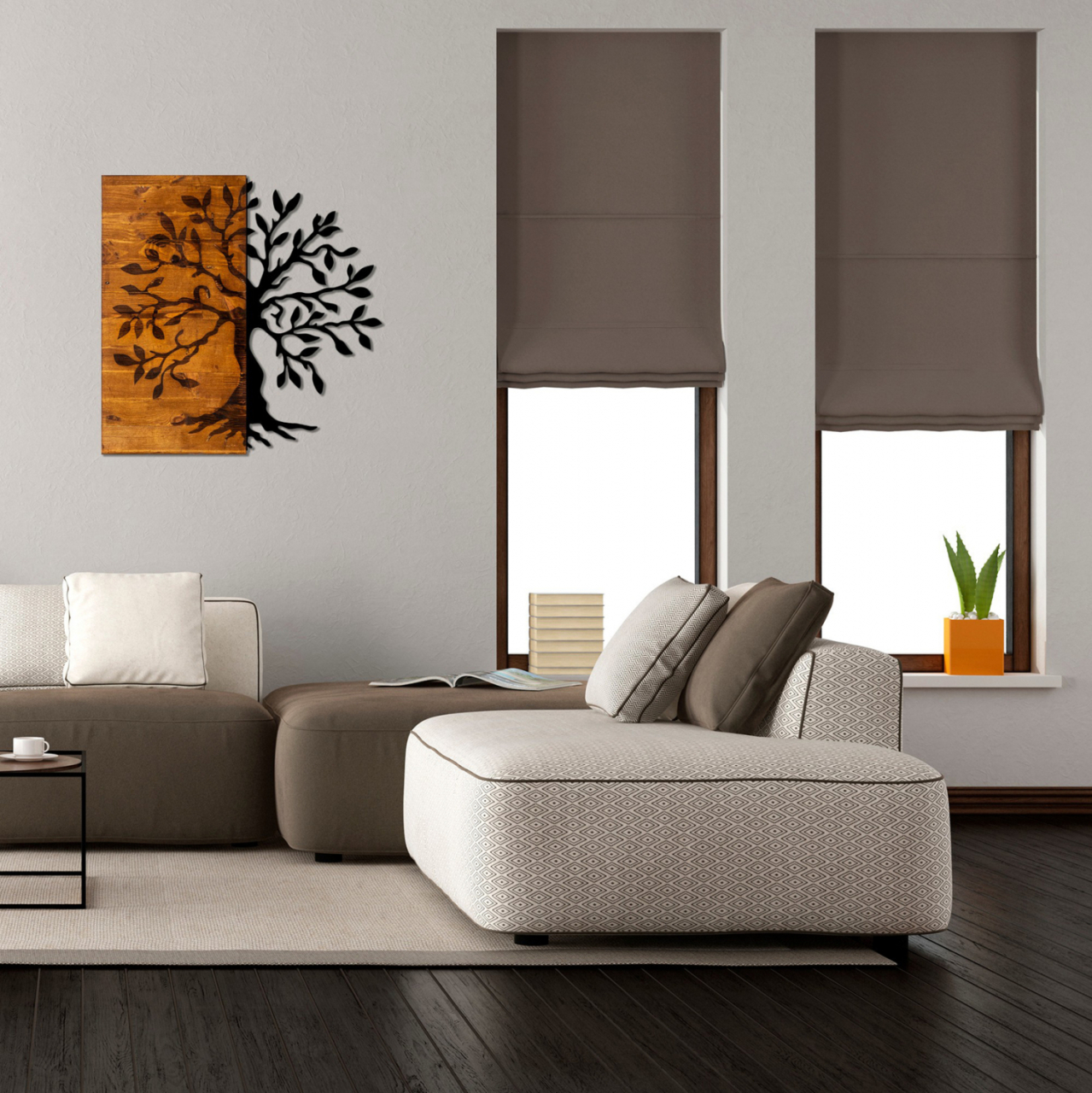 WOOD WALL DECORATION WITH METALLIC TREE 58X58 HM7220 [3]