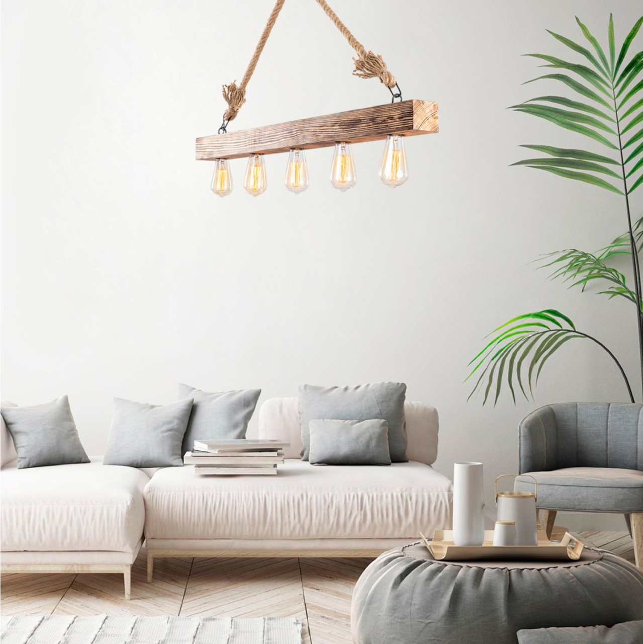 WOODEN PENDANT LIGHT WITH ROPE DETAILS HM7263 100Χ7Χ53 cm. [3]