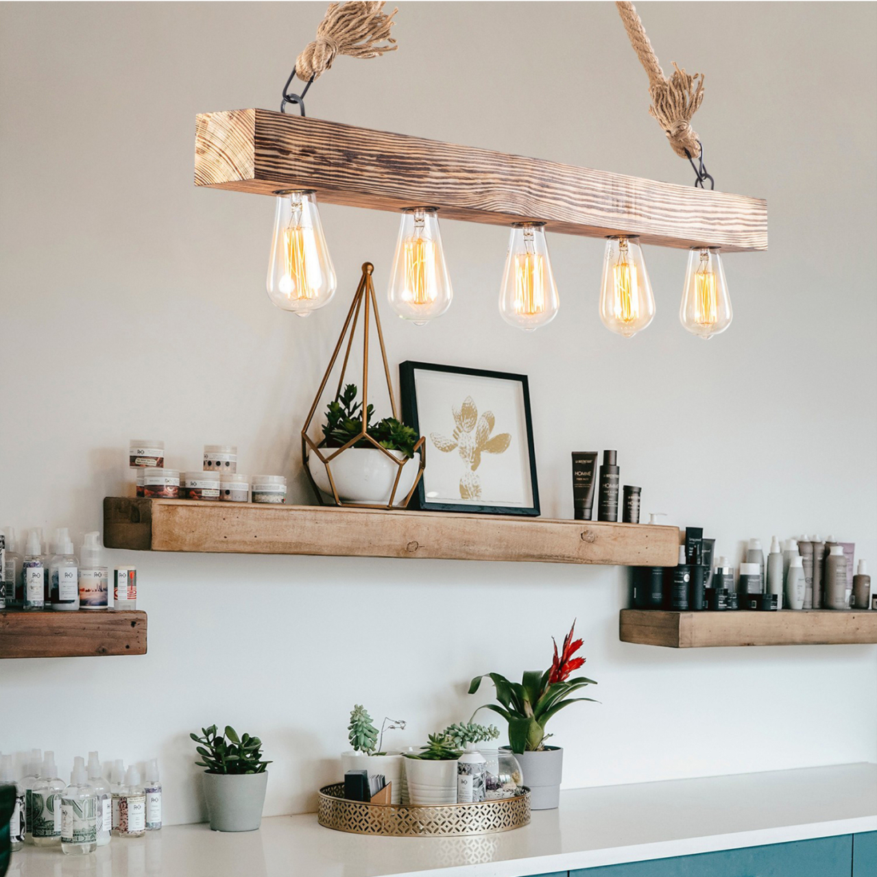 WOODEN PENDANT LIGHT WITH ROPE DETAILS HM7263 100Χ7Χ53 cm. [6]