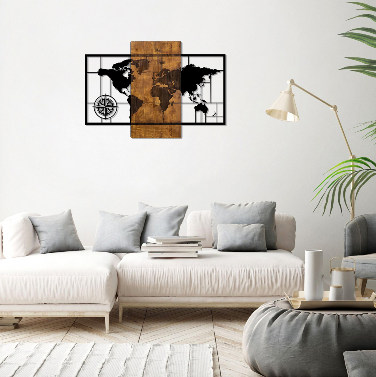 WOODEN WALL DECORATION WITH METALLIC WORLD MAP 85X58cm HM7223 [4]