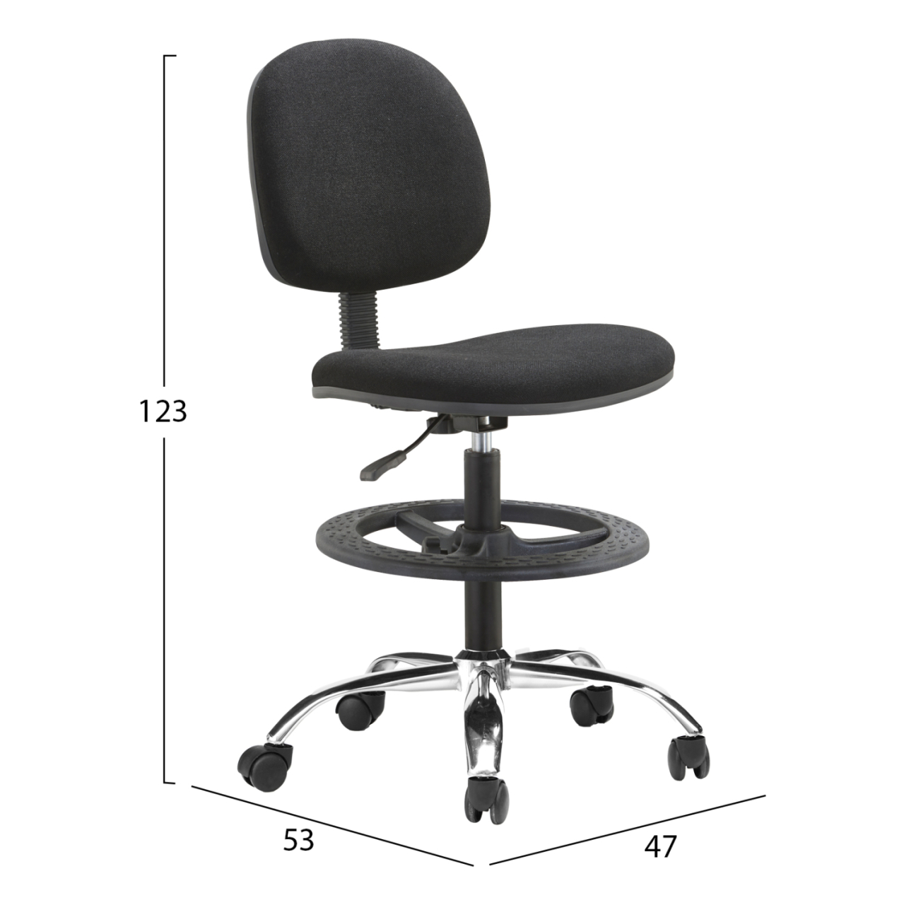 WORK STOOL WITH FOOTREST DROMEN HM1210.01 BLACK FABRIC - CHROMED BASE 48x60x130Hcm. [2]