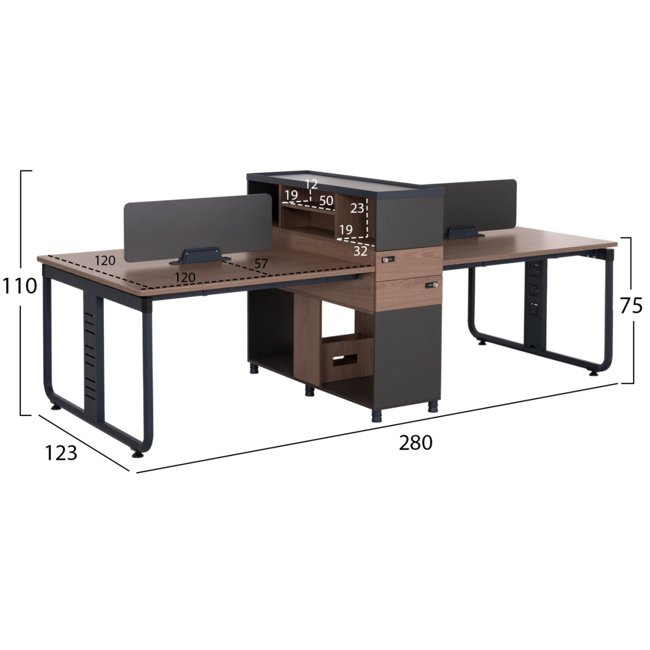 WORKSTATION 4-SEATER MAVIX HM2158 MELAMINE-METAL IN GREY/WALNUT 280x123x110Hcm. [2]