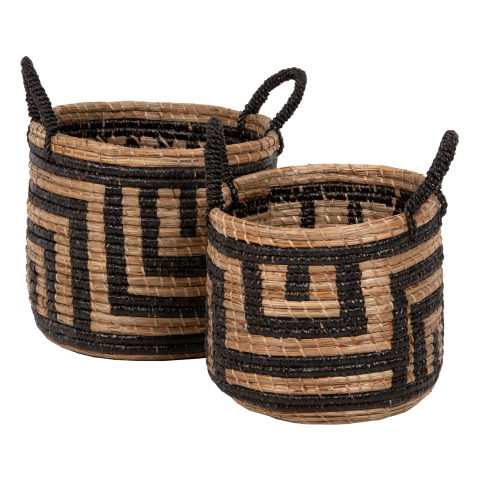 Decoratiuni de podea - 2-PIECE SET OF DECORATIVE BASKETS HM7846.02 MENDONG GRASS IN NATURAL-BLACK COLOR Φ36x32-40Hcm.