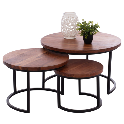 Interior - 3 NESTING TABLES OBI HM9255 ACACIA WOOD WITH METAL BLACK LEGS 78x78x47H CM.