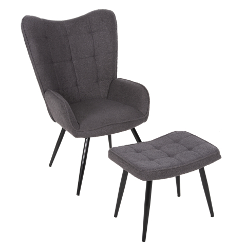 Interior - ARMCHAIR CRAWLEY WITH FOOTSTOOL HM8918.21 GREY BOUCLE FABRIC-BLACK METAL LEGS 70x74x105Hcm.