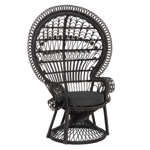 Scaune - Fotolii - ARMCHAIR ROYAL PEACOCK HM9342.03 RATTAN IN BLACK- CUSHION BLACK 114x72x150Hcm.