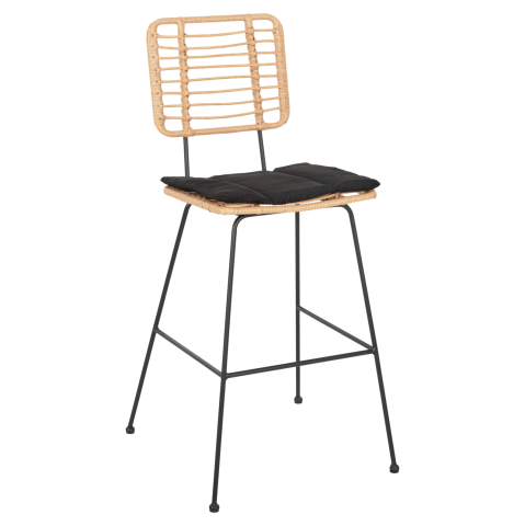 Taburete - BAR STOOL ALLEGRA HM5455.11 METALandCUSHION BLACK-WICKER BEIGE 56x59x116.5Hcm.