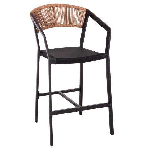 Taburete - BAR STOOL ALUMINUM BLACK HM5892.15 MED.HEIGHT BLACK TEXTLINEandBEIGE RATTAN 55x56.5x99Hcm.