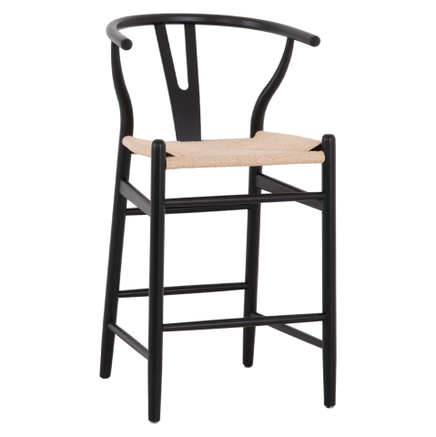 Scaune de bar - BAR STOOL BRAVE HM9405.02 WITH WISHBONE BACK BEECH WOOD BLACK--WHITE ROPE 48x53x100Hcm.