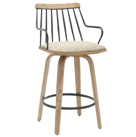 Scaune de bar - BAR STOOL JUDI HM9985.01 PLYWOOD IN WHITEWASH-BLACK METAL-BEIGE FABRIC 48x52x92Hcm.