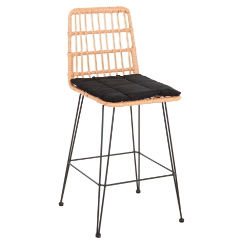 Taburete - BAR STOOL MED.HEIGHT ALLEGRA HM5643.11 METALandCUSHION BLACK-WICKER BEIGE 50x55x103Hcm.