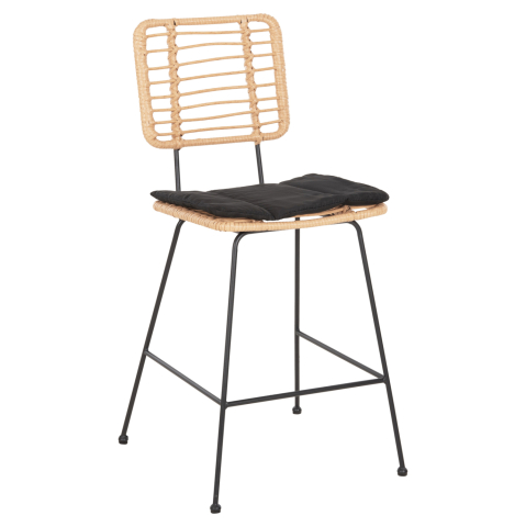 Taburete - BAR STOOL MED.HEIGHT ALLEGRA HM5644.11 METALandCUSHION BLACK-WICKER BEIGE 53x56x107Hcm.