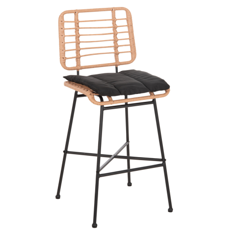Taburete - BAR STOOL MEDIUM HEIGHT ALLEGRA HM5709.11 METALandCUSHION BLACK-WICKER BEIGE 46x46x99Hcm.