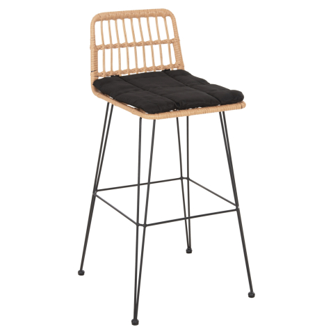 Taburete - BAR STOOL OUTDOOR ALLEGRA HM5452.11 METALandCUSHION IN BLACK-BEIGE WICKER 52x51x103H cm.