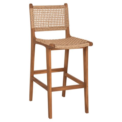 Scaune de bar - BAR STOOL WITH BACKREST NESHA HM9788 TEAK WOOD IN NATURAL-BEIGE ROPE 45x57x110Hcm.