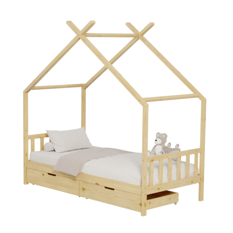 Paturi - BED FOR KIDS KLARICE HM680.01 t.MONTESSORI-2 DRAWERS- SOLID PINE WOOD IN NATURAL- 190x90cm.