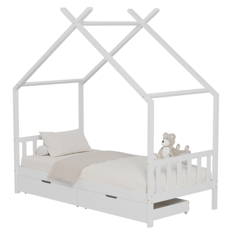 Paturi - BED FOR KIDS KLARICE HM680.03 t.MONTESSORI-2 DRAWERS- SOLID PINE WOOD IN WHITE- 190x90cm.