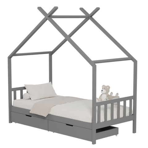 Paturi - BED FOR KIDS KLARICE HM680.05 t.MONTESSORI-2 DRAWERS- SOLID PINE WOOD IN GREY- 190x90cm.
